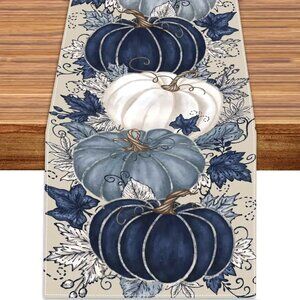 Thanksgiving Fall Linen Table Runner - Pumpkin and Maple Leaf Design -72" x 13"